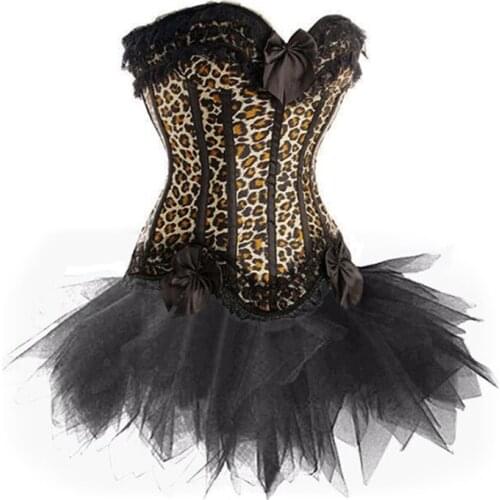 Plus Size Leopard Waist Trainer Overbust Corset with Tutu Skirt Corselets Women Sexy Lingerie