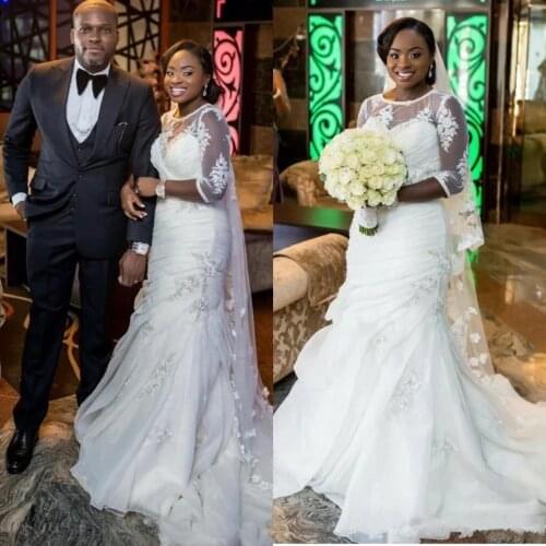 Nigerian Mermaid Wedding Dresses Jewel Neck Half Sleeves Lace Appliques Beaded Ruched Organza Sweep Train Bridal Gowns 2023