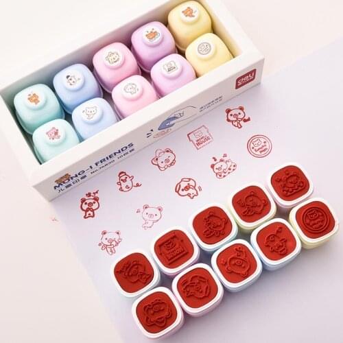10pcs/box 10 Kinds Bear Animal Stamp Plastic Lovely Smiley Face Stamps For Decor Scrapbook Albums Letterscards Papers Kids Gift