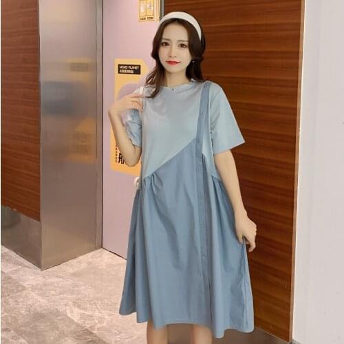 6086# Maternity Dress Summer Cotton Short Sleeve Loose Asymmetric Mid-Long Dress for Pregnant Women Mom Dress
