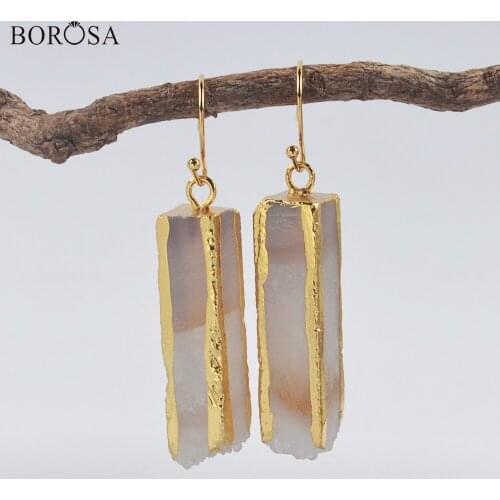 BOROSA Fashion Gold Cuboid Natural Agates Druzy Dangle Earrings Women Gems Stone Quartz Long Earrings Jewelry Gifts G1999-E