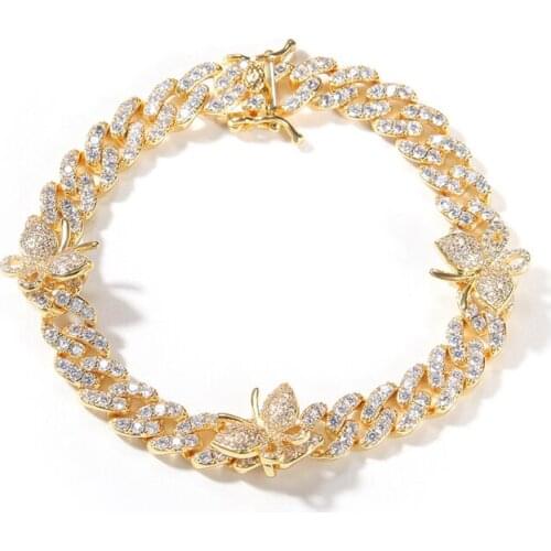 Iced Out Diamond Butterfly Bracelet Men Women Hip Hop Gold Plated Charm Jewelry 9mm Cuban Link Chain Crystal Bracelet