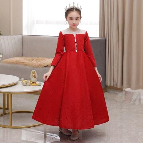 Flower Girl Dresses Illusion Crystal Button Sequined Three Quarter Princess Floor-Length Jersey Luxury Red Kids Party Gown H402