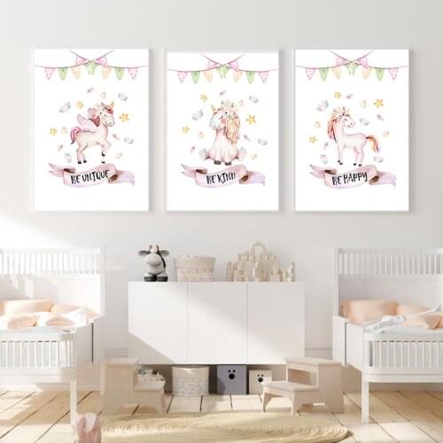 Baby Unicorn Girl Posters And Prints Coloured Flags Bowknot Canvas Painting Inspirational Quotes Wall Art Pictures Nursery Decor