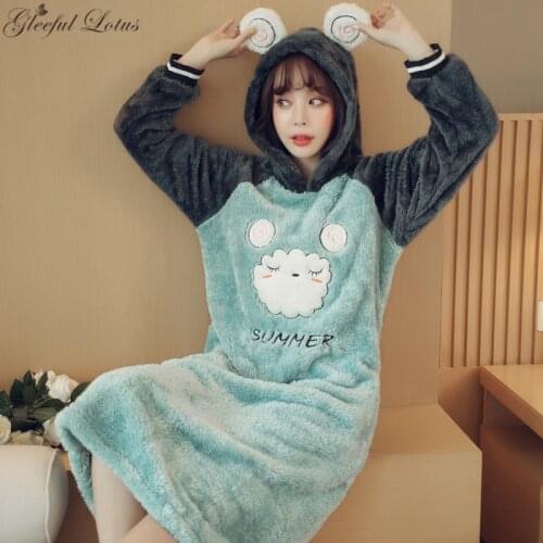 Flannel Nightgown Women Warm Winter Night Dress Hooded Animal Sleepwear Nightwear Nighty Ladies Home Wear Korean Night Gown 2018
