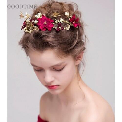 Classic Hair Jewelry Red Flower Gold Butterfly Headbands Pearls Bridal Bridesmaid Headdress Head Bands Tiaras Bridal Jewelry