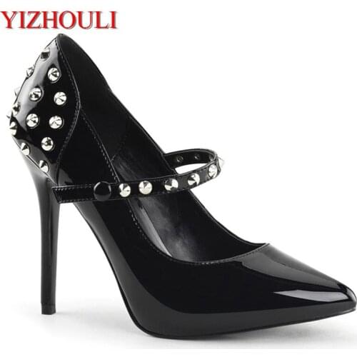 Fashion shopping work with 12 cm sexy heels, riveted belt party shoes, runway high heels