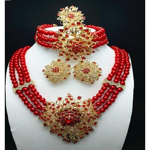 Longqu Brand Women Dubai colorful Jewelry Sets African Beads Jewelry Set Nigerian Wedding Party red Bead Design Sisters gifrs
