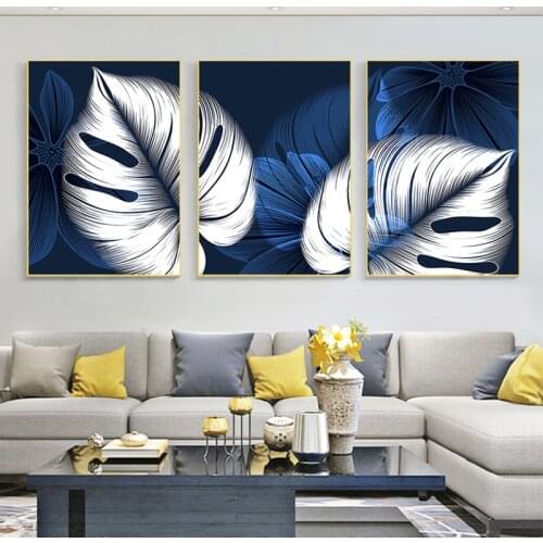 Abstract Blue White Plant Leaf Posters Print Modern Home Decor Picture Wall Art Canvas Painting Nordic Living Room Decor Cuadros