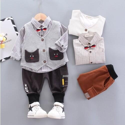 New Spring Baby Clothes Children Boys Cotton Vest Printe Strips Shirt Pants 3pcs/Sets Kid Infant Casual Sportswear Suit Outwear