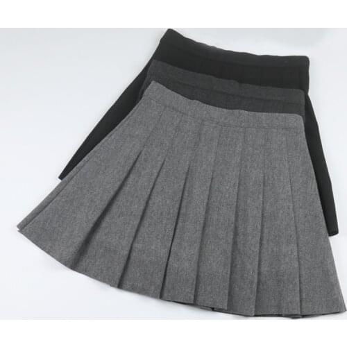 Fall Winter Preppy Style Women Ladies Pleated Grey Black High Waisted Wool Mini Skirt , Autumn Female Woman Slim Woolen Skirts