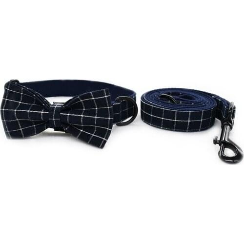 Dog Collar And Leash Set With Bow Tie Cotton Dog & Cat Necklace And Dog Lead Blue Plaid Black Metal Buckle