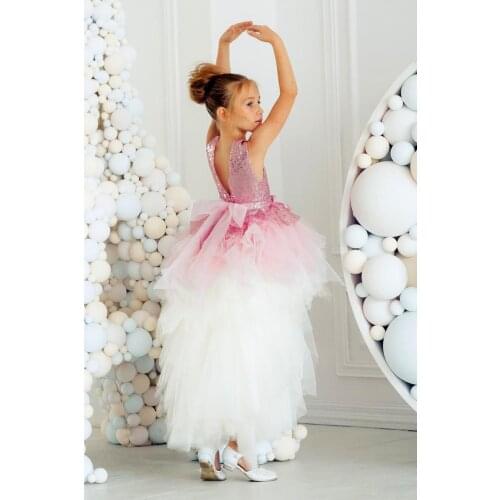 Pink Sequin Flower Girls Dresses White Bottom Sparky Pink Girls Birthday Celebrity Dresses Gowns Custom