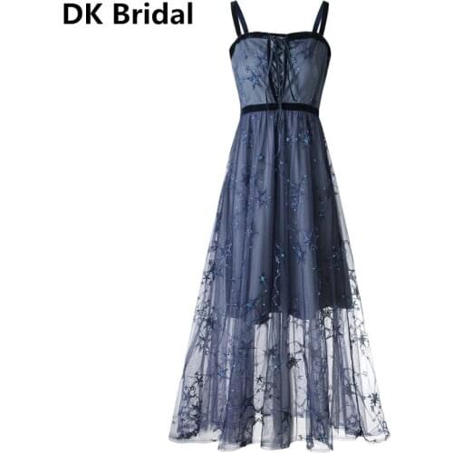 Sexy Spaghetti Strap Evening Dresses Sequined A-Line Sweetheart Starry Blue Long Formal Dresses 2019 Robe De Soiree Party Gowns