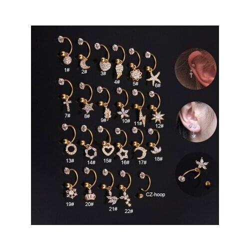 Surgical Steel CZ Heart Moon Star Cross Wings Flower Piercing Earring Helix Cartilage Ring Tragus Daith Ring Hoop пирсинг