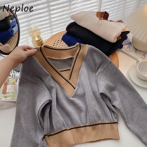 Neploe Retro Contrast Color Long Sleeve Knit Pullovers Femme V-neck Short Sweaters Women Autumn New 2021 Casual Tops De Mujer