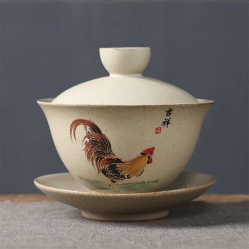 Vintage Jingdezhen Tea Cup Chinese Tea Set Rooster Tureen Office Gaiwan Ceramic Tea Bowl with Cover Coffee Cup and Saucer Set