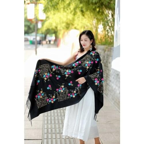 Vintage New Women Floral Embroidery Scarf Wrap Chinese Ethical Style Thickening Big Travel Edging Scarf Shawl Warm And Soft