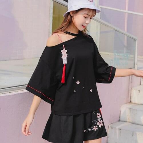 Japanese Women Lolita T-shirt Short Sleeve Sweet Sakura Tassel Embroidery T-shirt women Harajuku Tops