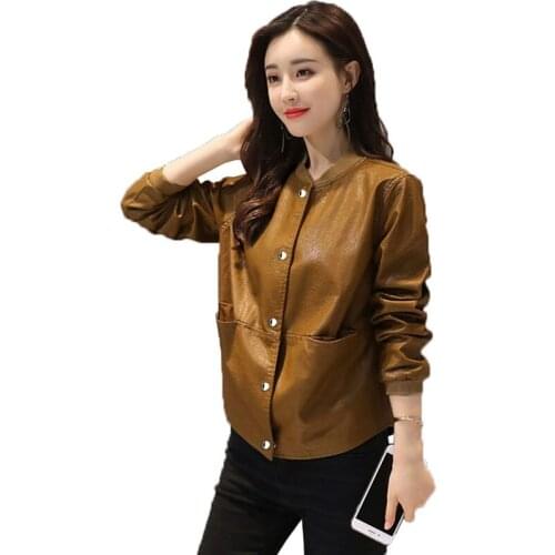 Women PU Leather Jacket 2021 New Female Spring Autumn Large Size Coats Female Short Leather Overcoat Casual PU Leather Jacket C