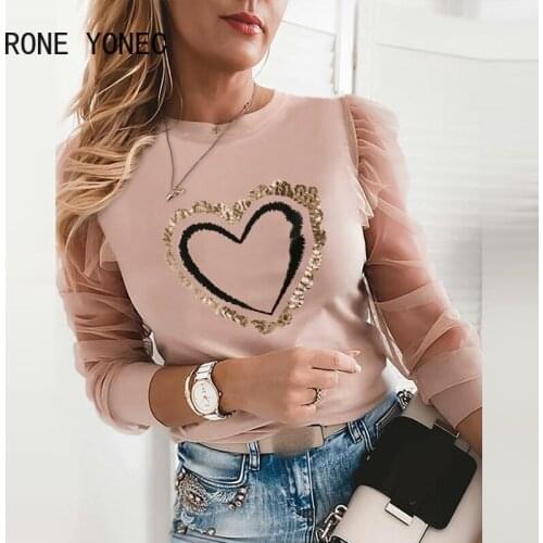 Women Chic Heart Pattern Round Neck Sequin Mesh Puff Sleeves Sweat Blouse Tops