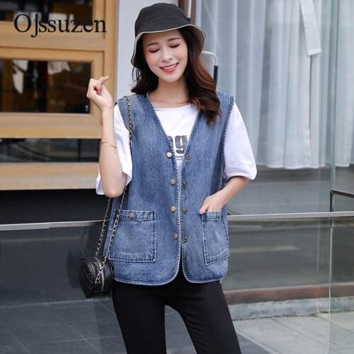 Large Size Loose Sleeveless Outerwear Womens Vests Denim V Neck With Pocket Short Jeans Vest Female Jackets Plus Size 5XL Blue