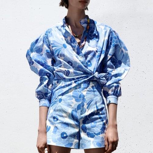 2pcs ZA Women Summer Sets 2021 O-Neck Long Sleeve Single Breasted Tops+Shorts Suit Fashion Female Floral Printed Casual Clothes