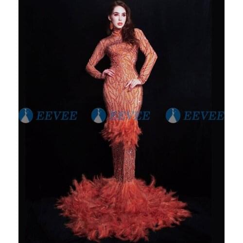 Female Sparkly rhinestone dress Red Feathers Trailing Dress Nightclub Party Stage Costume Bar Prom drag queen long dress