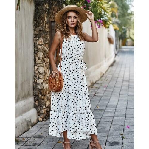 2021 New Women Fashion Summer Sleeveless Dress Adults Tie-up Long Dot Print Round Neck