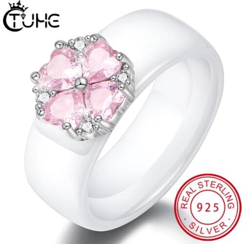 2019 New Wedding Rings Fashion Pink Flower Cubic Zirconia Engagement Ceramic Ring Jewelry For Women S925 Sterling Silver Rings