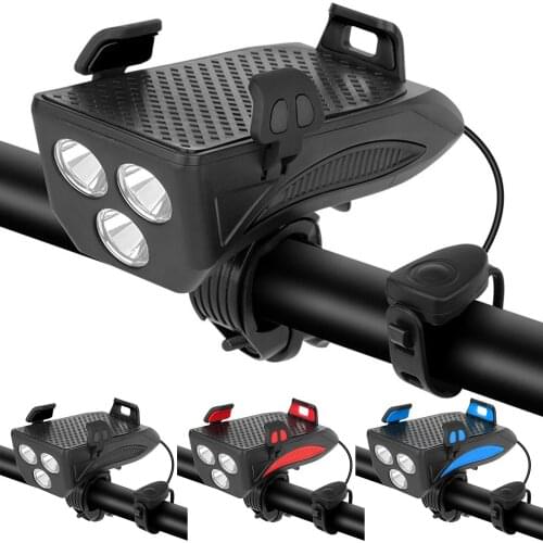 Multi-Function 4 In 1 Bicycle Headlight Bike Front Light With Bike Horn Alarm Bell Phone Holder Power Bank Bike Accessories
