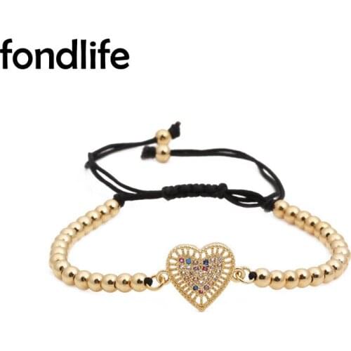 AAA Colourful Cubic Zirconia Stones Peach Love Heart Charm Bracelet Women 4mm Gold-Plated Copper Beads Black Cord Jewelry Gift