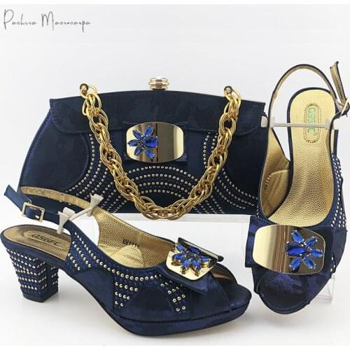African Lastest Italian Design Nigerian Fashion Crystal and Metal Decoration Style Ladies Matching Shoes and Bag Set in D.Blue