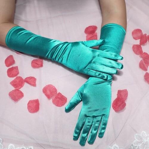 Green Teal Stretchy Shiny Satin Tea Gloves Prom Evening Party Wedding Bridal Charm Gloves Full Finger Long Womens Gloves