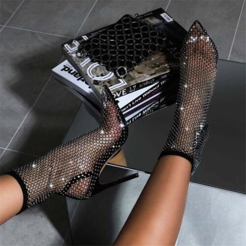 Shiny Crystal Design Women Sock Boots Fashion PVC Transparent Mesh Stretch Shoes with Rhinestone Pointed Toe High Heel Sandals