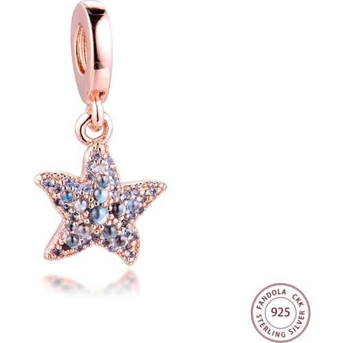 CKK 925 Sterling Silver Rose Gold Sparkling Starfish Dangle Charms Beads for Jewelry Making Fits Pandora Bracelet Bijoux