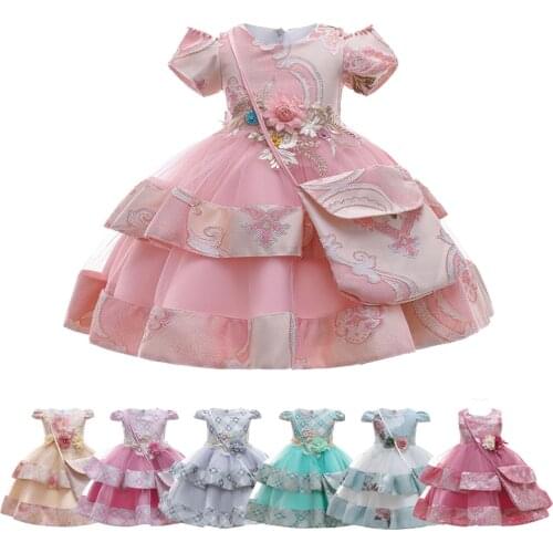 Kids Flower Girl Pageant Dress Girls Elegant Lace Tulle Baptism Wedding Princess Gown Party Dresses Tulle Children Gowns+Bag