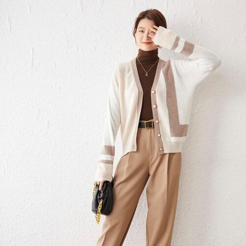 Spring and Autumn Pure Wool Cardigan Sweater Women Casual Loose Warm Splicing Knit Jacket V-Neck Long Sleeve Outside Take