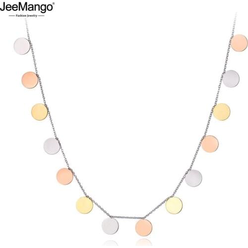JeeMango Trendy Original Titanium Stainless Steel Three Color Wafer Charm Necklace Pendant Chain Necklace For Women JN19070
