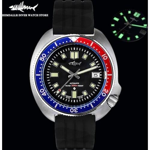 Heimdallr Mens Diving Watch 44mm Black Dial Blue Red Bezel Sapphire 200M Water Resistance Japan NH35A Automatic Movement Watch