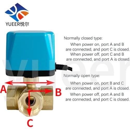 Normally Open DC24V AC220V Electric 3-way Ball Valve DN15 DN20 DN25 Brass Motorized Control Actuator Valve