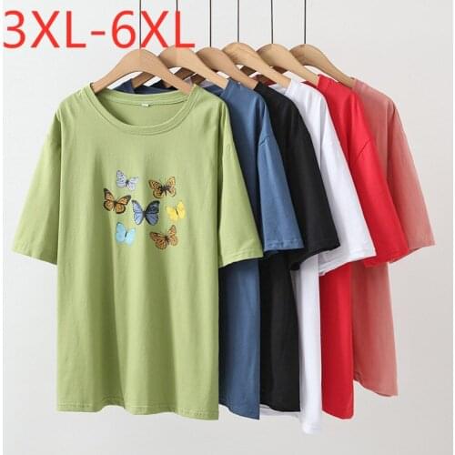 New 2021 Ladies Summer Plus Size Tops For Women Large Short Sleeve Loose Print Butterfly Green Cotton T-shirt 3XL 4XL 5XL 6XL