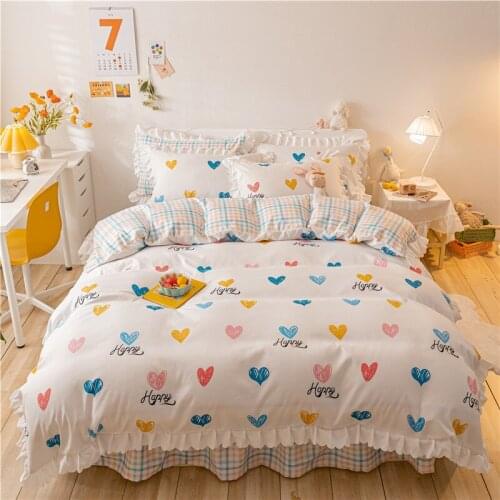 Washed Cotton Princess Bed Skirt Quilt Cover Bedding Set 4 Suit Bed Sets Girl Cute Kawaii Comforter luxury Bedding Sets
