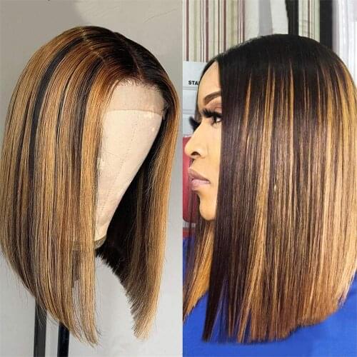 Beauty Queen Highlight Wig Ombre Brown Honey Blonde Short Bob Wig Lace Front Wig Colored Brazilian Remy Human Hair Wigs Straight