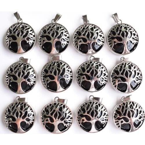 Wholesale 12pcs/lot new fashion Natural Obsidian alloy tree of life Pendants for jewelry accessories marking free shipping