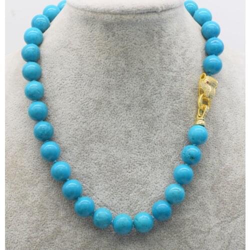 Blue turquoise necklace round 12mm 18" nature wholesale and yellow leopard clasp hook