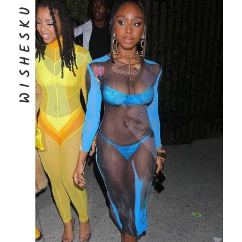 Sexy Mesh See Through Midi Dress Women Contrast Color Long Sleeve Hot Party Clubwear Ladies Runway Club Dresses Clothing