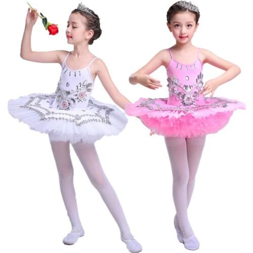 Little Swan Dance Dress For Girls Sling Ballet Skirts White Swan Lake Sequins Flower Ballet TUTU Skirts
