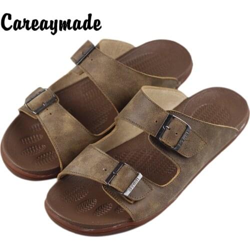 Careaymade-Big size slippers,Summer New Retro Leather Flip Flop mens &womens same manual cowhide sandals soft bottom sandals