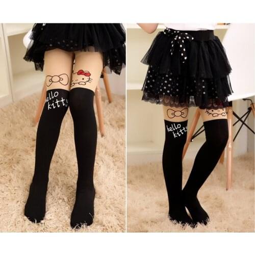 Summer Children Baby Kids Girls Thin Tights Pantyhose Knee Fake Tattoo Velvet Stockings White Cartoon Kitty Cat DS29
